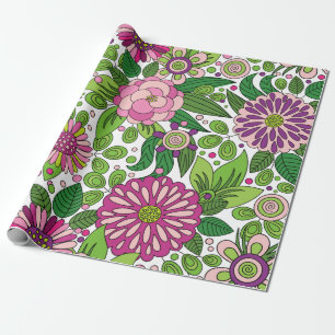 Papel De Presente Padrão de Flores Roxas Rosa e Verde Fofo