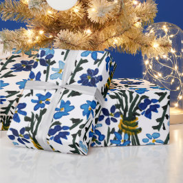 Papel De Presente Padrão de Flores Silvestres em Aquarela Azul sobre