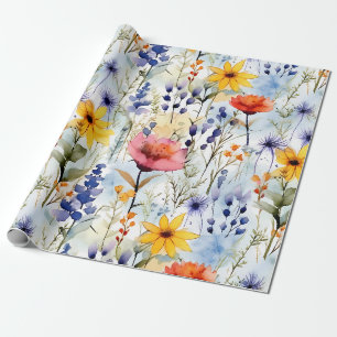 Papel De Presente Padrão de Flores Silvestres em Aquarela do Prado a