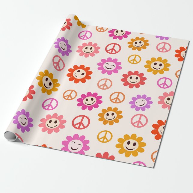 Papel De Presente Padrão de Flores Sorridente Feliz com sinais de pa (Desenrolado)