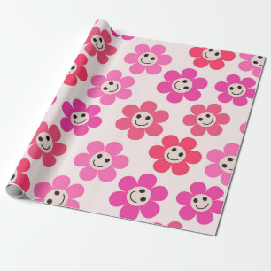 Papel De Presente Padrão de Flores Sorridentes Rosa e Vermelho Fofo