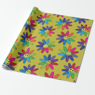 Papel De Presente Padrão de flores sorrindo em arco-íris retrô