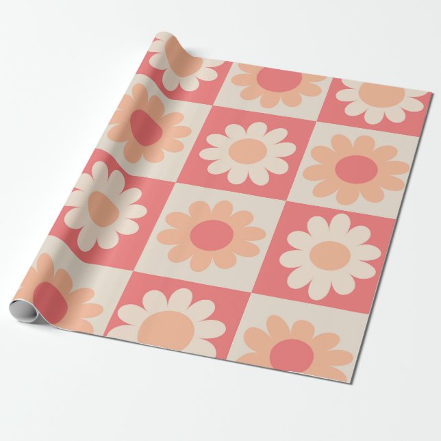 Papel De Presente Padrão de Flores Xadrez Peach Fuzz Retro (Desenrolado)