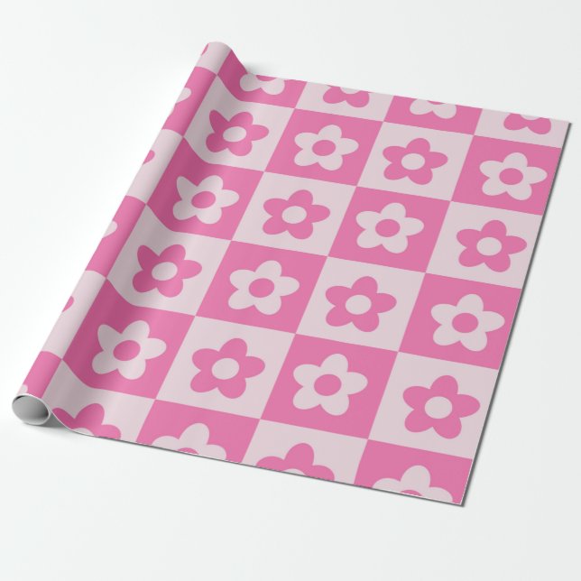 Papel De Presente Padrão de Flores Xadrez Rosa e Branco Retrô (Desenrolado)