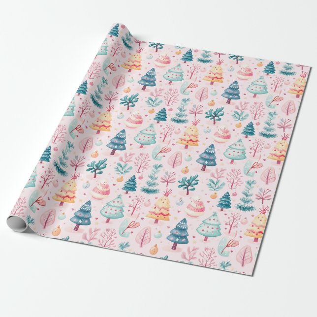 Papel De Presente Padrão de Floresta de Natal Whimsical (Desenrolado)