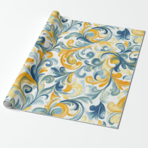 Papel De Presente Padrão de Folha Azul e Dourada