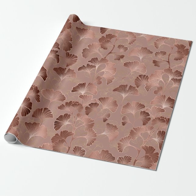 Papel De Presente Padrão de Folha de Ginkgo Rosa Moderno Luxuoso (Desenrolado)