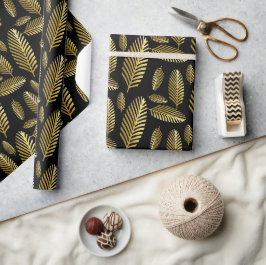 Papel De Presente Padrão de Folha de Palmeira Preto Dourado