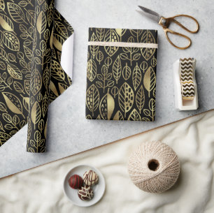 Papel De Presente Padrão de folha desenhada à mão preto/Dourado I