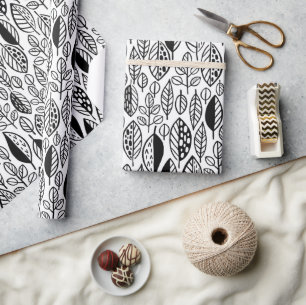 Papel De Presente Padrão de folha desenhada à mão preto ID495