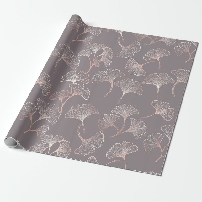 Papel De Presente Padrão de Folha Rosa Art Déco (Desenrolado)
