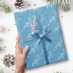 Papel De Presente Padrão de Folhagem Branco Elegante no Azul