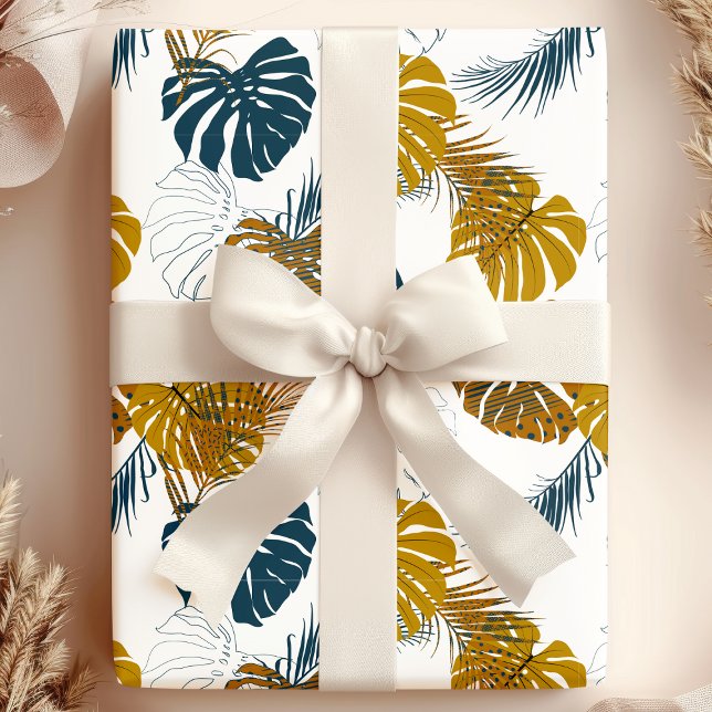 Papel De Presente Padrão de Folhas Azuis de Palma Tropicais Douradas (Criador carregado)