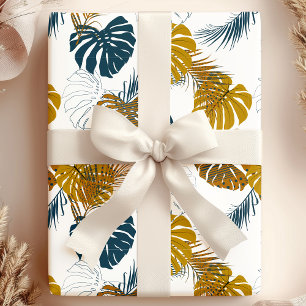Papel De Presente Padrão de folhas azuis tropicais Douradas e Marin