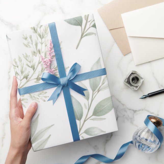 Papel De Presente Padrão de Folhas Botânicas Verde Suave  (Presentear)