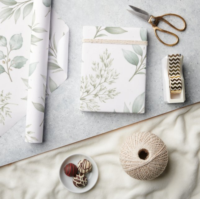 Papel De Presente Padrão de Folhas Botânicas Verde Suave  (Artesanato)