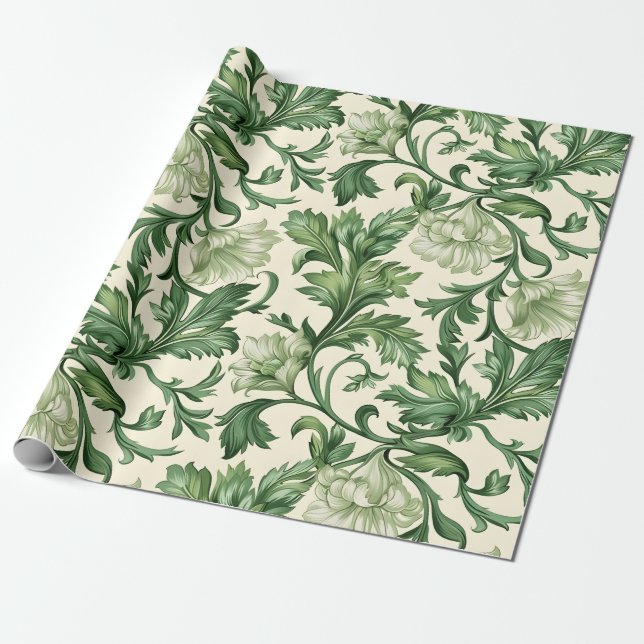 Papel De Presente Padrão de folhas de acanto verde-escuras ornamenta (Desenrolado)