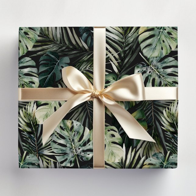 Papel De Presente Padrão de Folhas de Floresta Tropical Verde Aquare (In situ)