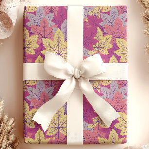 Papel De Presente Padrão de Folhas de Outono Roxas e Amarelas Elegan