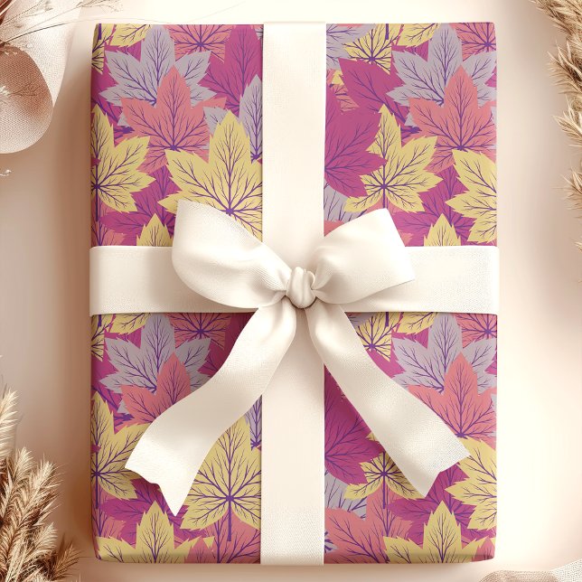 Papel De Presente Padrão de Folhas de Outono Roxas e Amarelas Elegan (Criador carregado)