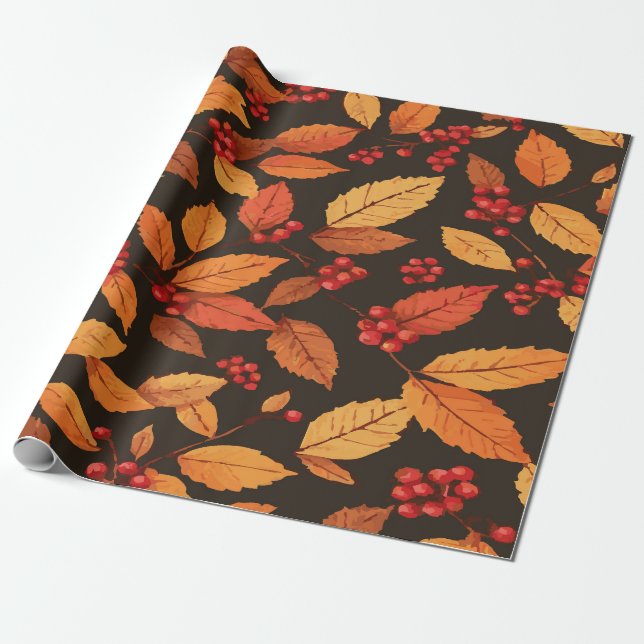 Papel De Presente Padrão de Folhas de Outono Rústicas com Bagas Verm (Desenrolado)