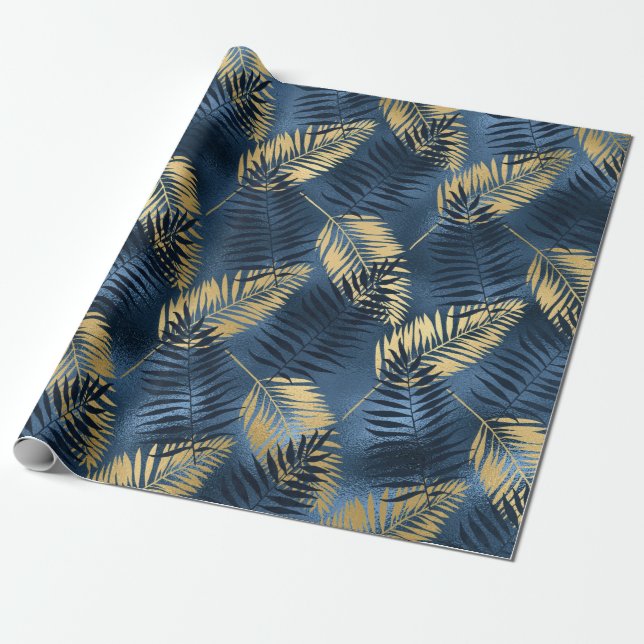 Papel De Presente Padrão de Folhas de Palmeira Azul Tropical de Verã (Desenrolado)