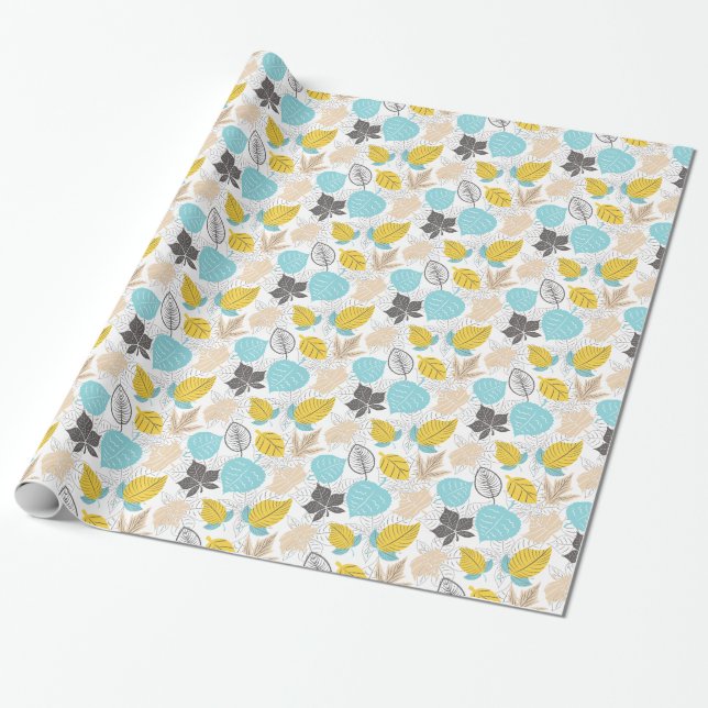 Papel De Presente Padrão de Folhas do outono Whimsical | Azul e amar (Desenrolado)