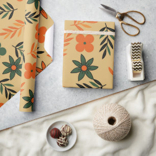 Papel De Presente Padrão de Folhas Florais de Flores da Vintage 70s