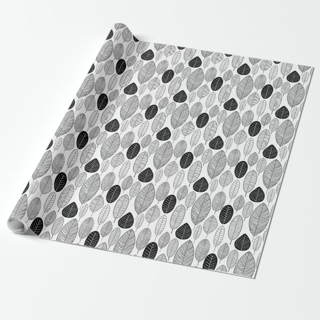 Papel De Presente Padrão de Folhas - Preto no Branco (Desenrolado)