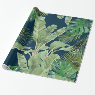 Papel De Presente Padrão de Folhas Tropicais de Aquarela em Azul Esc