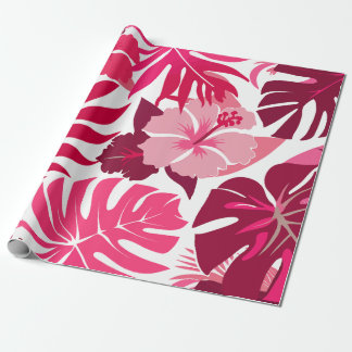Papel De Presente Padrão de Folhas Tropicais de Hibiscus e Monstera