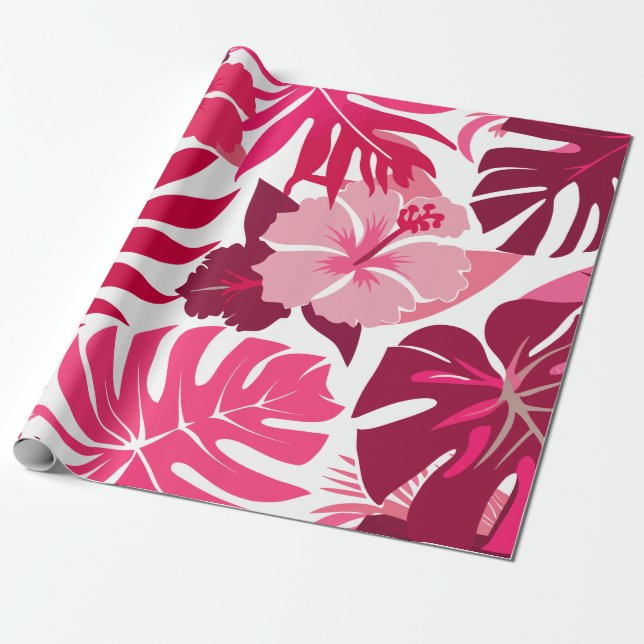 Papel De Presente Padrão de Folhas Tropicais de Hibiscus e Monstera (Desenrolado)