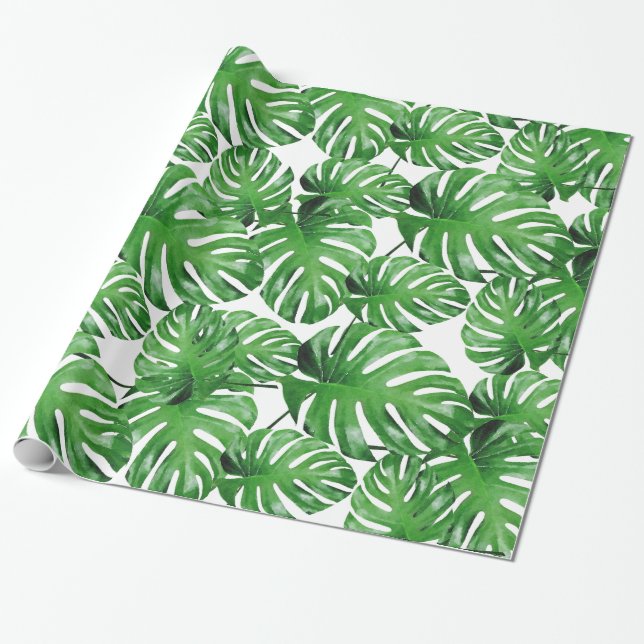 Papel De Presente Padrão de Folhas Tropicais de Monstera de Aquarela (Desenrolado)