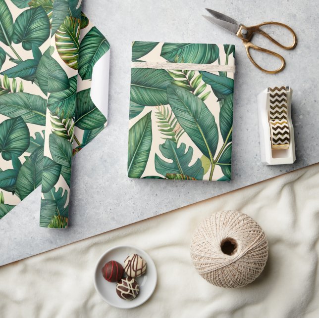 Papel De Presente Padrão de Folhas Tropicais de Monstera Palm Verde  (Artesanato)