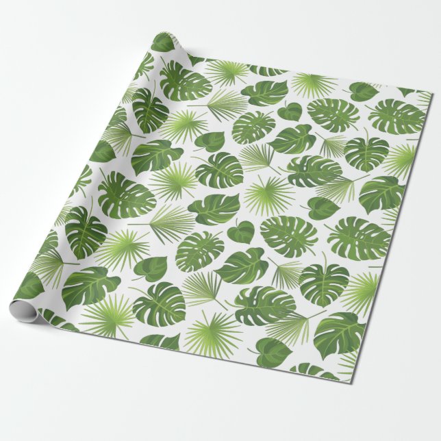 Papel De Presente Padrão de Folhas Tropicais na moda Verde (Desenrolado)