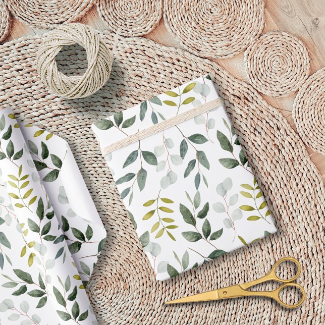 Papel De Presente Padrão de Folhas Verde de Aquarela (In situ)