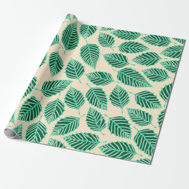 Papel De Presente Padrão de Folhas Verdes Contemporâneas (Desenrolado)