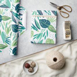 Papel De Presente Padrão De Folhetos Verdes Tropicais Sobre Branco