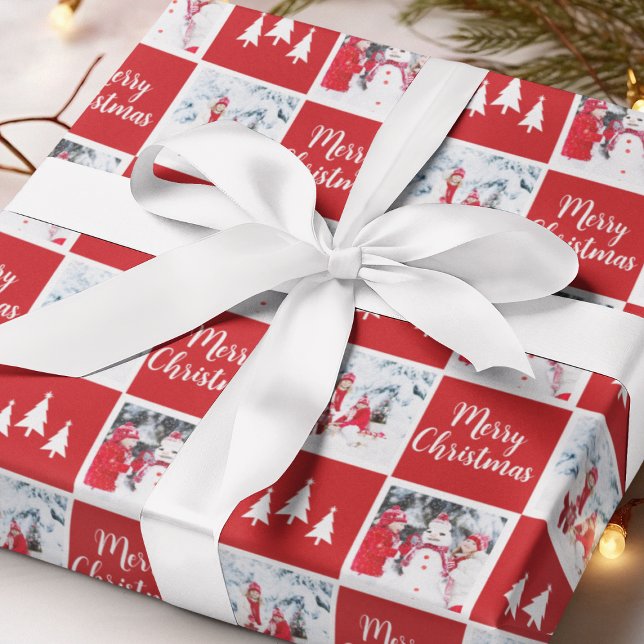 Papel De Presente Padrão de Foto Personalizado Vermelho Branco Feliz (Custom Photo Pattern Red White Merry Christmas Wrapping Paper
)
