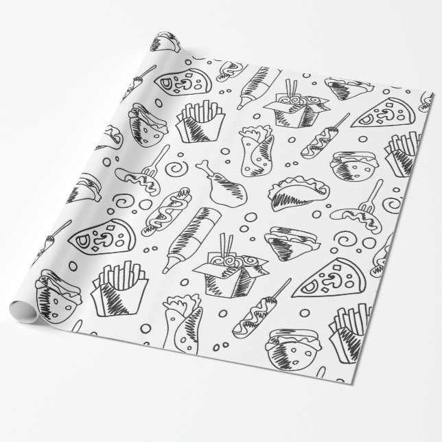 Papel De Presente Padrão de frango quente de Comida Hamburger Fries  (Desenrolado)