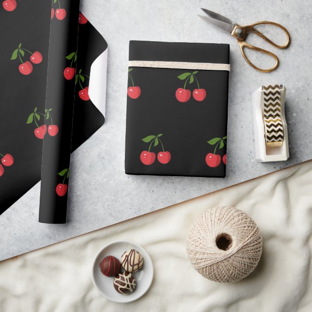 Papel De Presente Padrão de Fruta Moderna Cereja Preta e Vermelha (Artesanato)