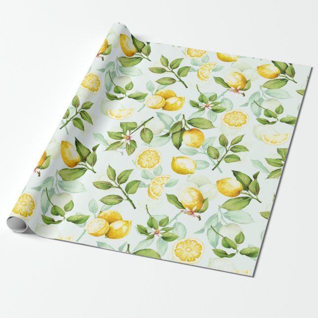 Papel De Presente Padrão de Fruta Tropical de Verão de Lemon em Mint (Desenrolado)