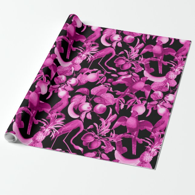 Papel De Presente Padrão de Frutas Cor-de-Rosa e Flamingos (Desenrolado)