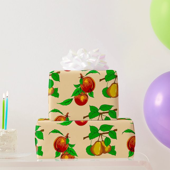 Papel De Presente Padrão de Frutas de Pêssego e Pera Botânica Rústic (Criador carregado)