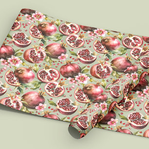 Papel De Presente Padrão de Frutas e Flores de Romã Luxuriante