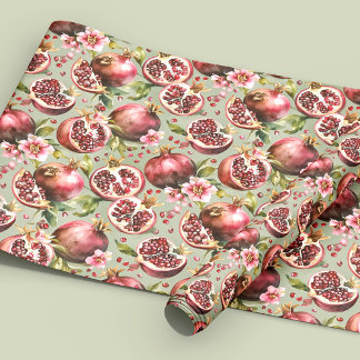 Papel De Presente Padrão de Frutas e Flores de Romã Luxuriante