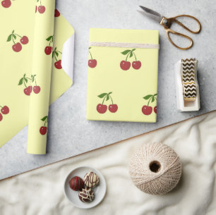 Papel De Presente Padrão de Frutas Vintage Cereja Amarela e Vermelha