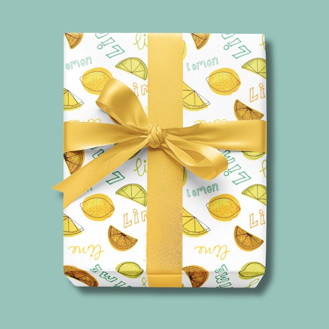 Papel De Presente Padrão de Frutas Zesty de Limão & Lima (Lemon & Lime Citrus Fruit Wrapping Paper rolls)