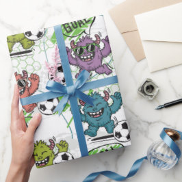 Papel De Presente Padrão de Futebol de Monstros Engraçados para Cria