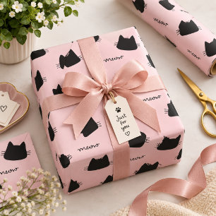 Papel De Presente Padrão de Gatinho Preto Fofo Kitty Meow Rosa